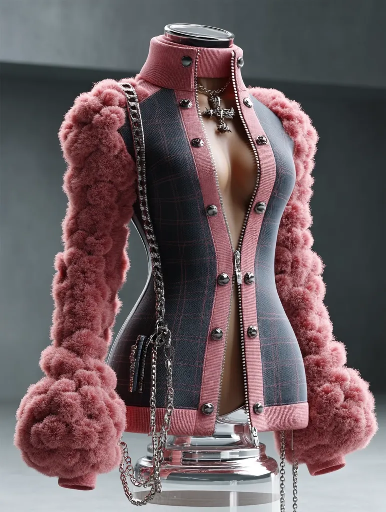 A headless mannequin displays a striking, form-fitting jacket. The jacket features a dark gray plaid bodice, accented with pink trim and large, puffy, dusty rose sleeves.  A long silver chain hangs from the jacket, adding a touch of edgy style.  The zippered front reveals a glimpse of the mannequin's torso. The overall design blends contrasting textures and colors for a unique and fashionable look.