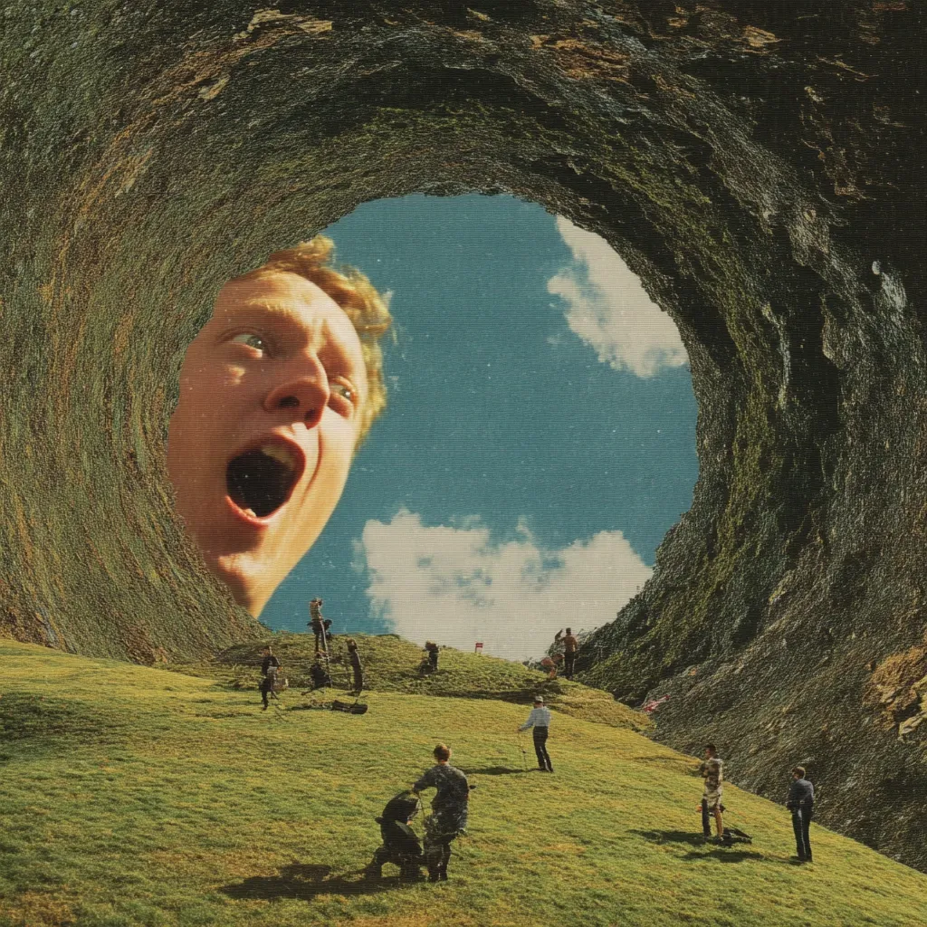 A surreal collage depicts a giant, open-mouthed face emerging from a swirling, earthy tunnel.  The face fills the majority of the frame, its expression one of shock or awe.  Beyond, a miniature golf course unfolds on a verdant hill under a bright, partly cloudy sky, with tiny figures playing. The contrast between the colossal face and the small human figures creates a jarring yet captivating scene.