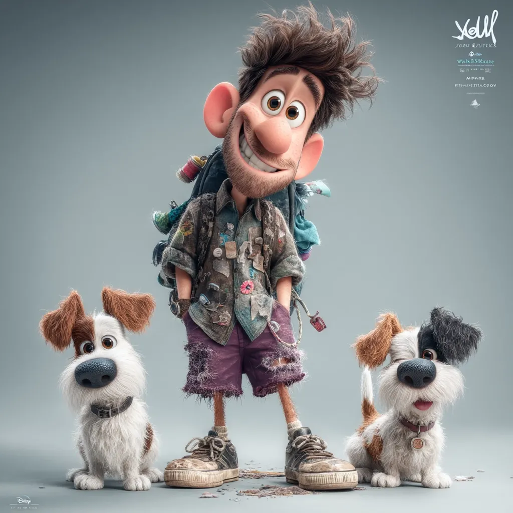 A promotional image for the animated film "Yell" features a whimsical, cartoonish man with messy brown hair and a large backpack adorned with various patches. He's wearing ripped purple shorts and worn-out shoes, conveying a sense of adventure. Flanking him are two adorable, fluffy dogs, adding to the playful and heartwarming atmosphere of the movie poster. The overall style is vibrant and expressive, hinting at a fun and engaging storyline.