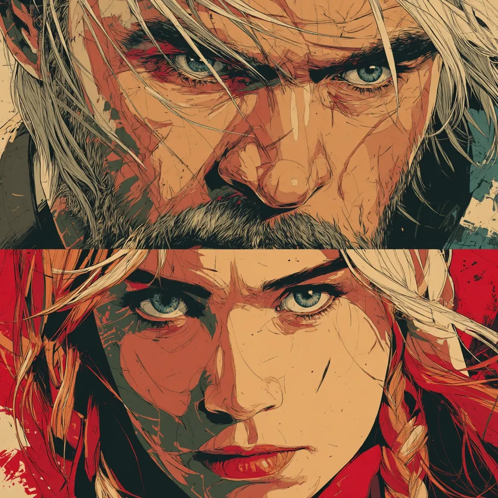 A striking split image features close-up portraits of Geralt of Rivia and Cirilla Fiona Elen Riannon from The Witcher series.  Geralt's weathered face, etched with experience, shows intense, blue-eyed focus.  Below, Ciri's determined expression mirrors his, her fiery red hair contrasting with his silver locks. The artistic style employs bold lines and a limited, warm color palette, creating a dramatic and powerful visual.