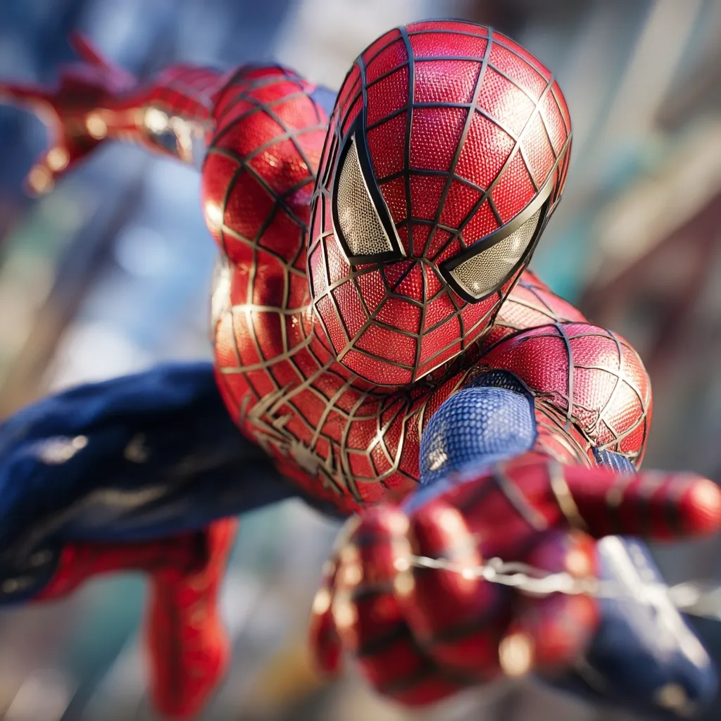 A close-up shot of Spider-Man in action.  His iconic red and blue suit is detailed, showcasing the texture of the fabric and the intricate web design.  He's mid-swing, his hand reaching towards the viewer, a web line extending from his grasp. The background is blurred, suggesting a city setting. The image emphasizes the dynamic energy of the superhero.