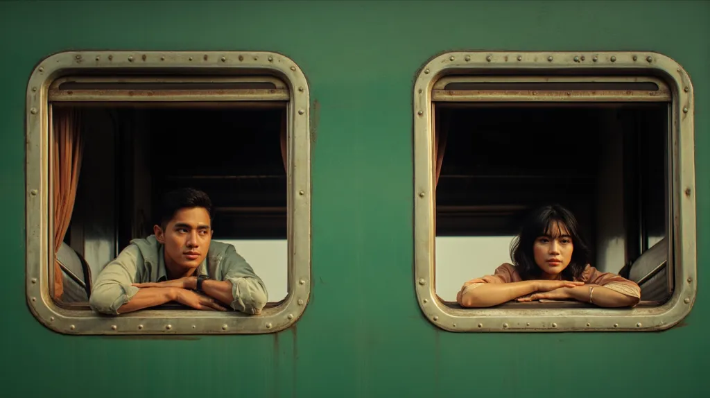 A man and a woman sit separately in adjacent train windows.  Both lean on the windowsills, gazing outward.  The train car is a faded green, and the windows are framed in aged metal.  The image evokes a sense of quiet contemplation and perhaps a subtle distance between the two individuals.  The warm sunlight highlights their features.