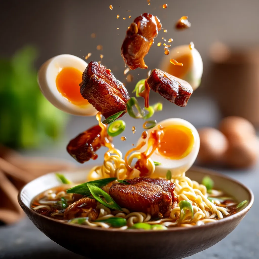 A vibrant bowl of ramen noodles is the focus, with pieces of braised pork belly and halved soft-boiled eggs seemingly suspended mid-air.  The rich broth is visible beneath the noodles, along with chopped scallions.  The image is dynamic, showcasing the ingredients in motion, creating a sense of deliciousness and energy.  The dark background enhances the food's color and texture.