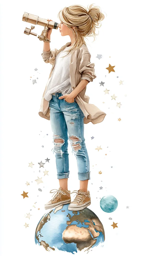 A watercolor illustration depicts a girl with blonde hair in a bun, wearing a beige jacket and ripped jeans, standing on a globe. She holds a brass telescope, gazing into the distance.  Stars and a small planet float around her, creating a dreamy, celestial scene. The style is whimsical and charming, suggesting a sense of wonder and exploration.