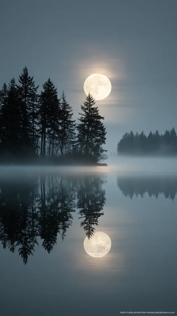 A serene nighttime scene unfolds, showcasing a large, bright full moon illuminating a calm lake shrouded in mist.  Silhouetted evergreen trees stand on a small island, their reflections perfectly mirrored in the still water.  The overall mood is peaceful and ethereal, evoking a sense of tranquility and mystery.