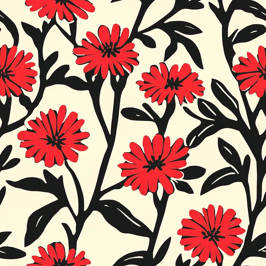 A vibrant floral pattern features bold red flowers with dark black stems and leaves against a creamy off-white background. The stylized flowers resemble daisies, with multiple petals radiating from a central point.  The design is densely packed, creating a continuous, energetic repeat.  The contrast between the bright red and black elements against the pale background makes a striking visual impact.