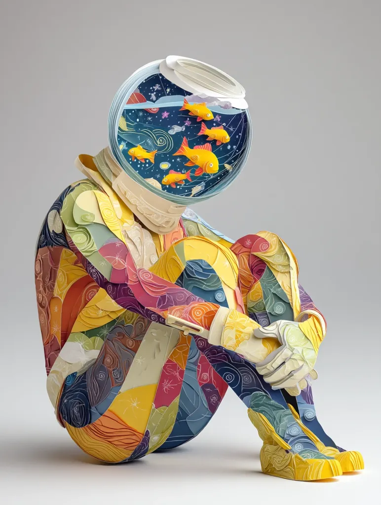 A vibrant, intricately layered paper sculpture depicts an astronaut sitting with legs crossed.  The astronaut's helmet is replaced by a fishbowl containing goldfish, symbolizing a contemplative or introspective state. The colorful, patterned body suggests a sense of inner complexity and emotion, creating a striking visual juxtaposition between the astronaut's seemingly solitary confinement and the lively goldfish within the bowl.