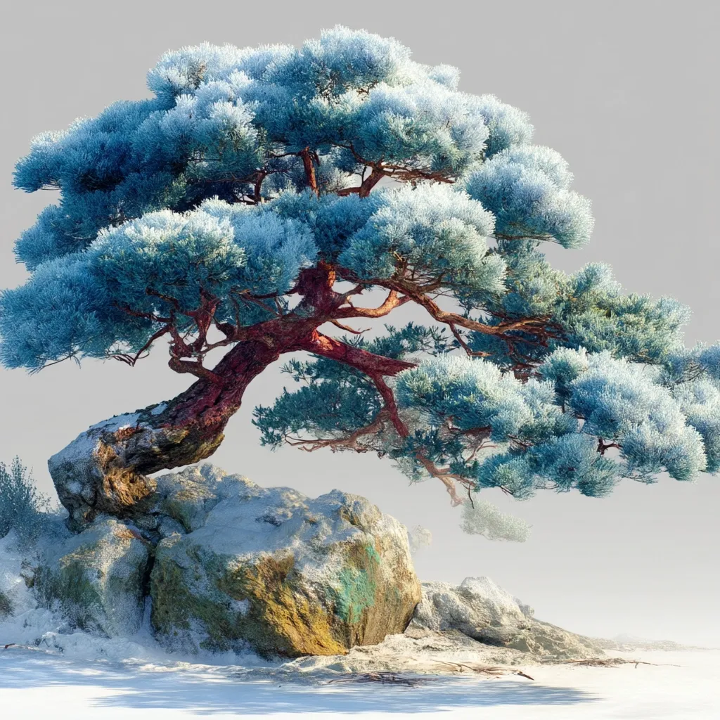 A majestic bonsai pine tree, its branches laden with a delicate dusting of frost, leans dramatically over a snow-covered rock.  The tree's vibrant, reddish-brown trunk contrasts beautifully with its icy blue foliage.  The scene is set against a soft, muted background, creating a serene and peaceful winter landscape. The overall effect is one of quiet beauty and enduring strength.