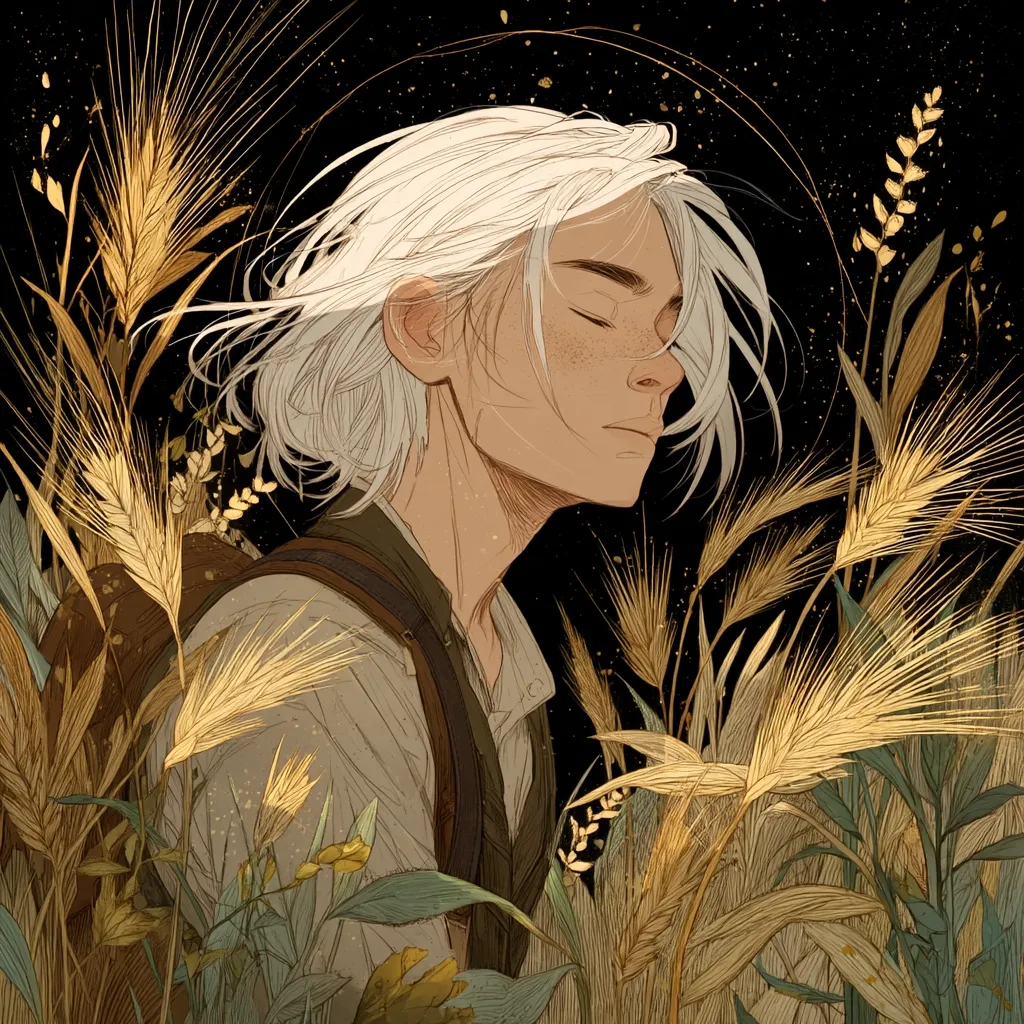 A stylized illustration depicts a young person with shoulder-length white hair, fair skin, and freckles.  They are wearing a light-colored shirt and a brown backpack, standing amidst tall, golden grasses against a dark background speckled with gold. Their eyes are closed, and their expression is serene and peaceful, conveying a sense of tranquility and connection with nature. The overall style is soft, with delicate linework and muted colors.