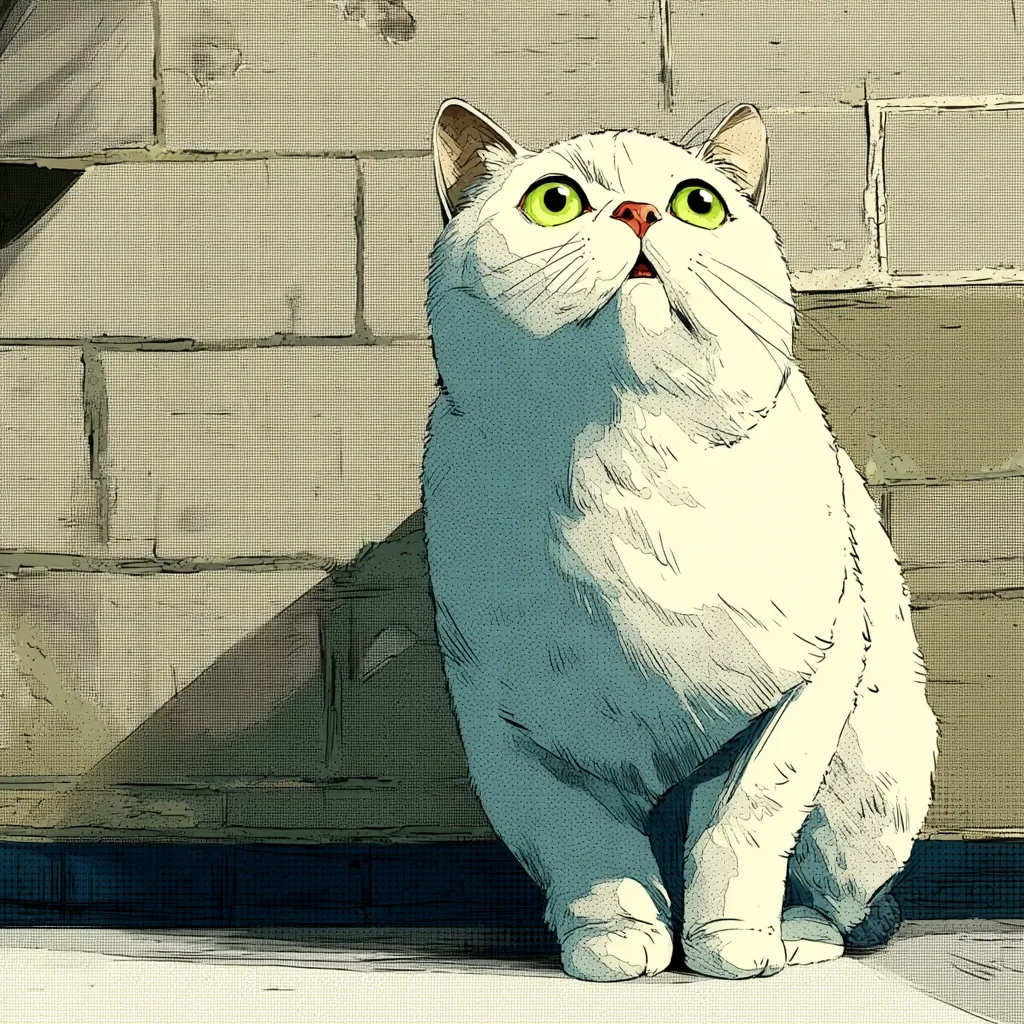 A stylized illustration depicts a white cat with striking green eyes, sitting against a muted beige brick wall.  The cat is looking upward, its expression curious and slightly surprised. The artistic style uses a blend of shading and linework reminiscent of comic book art or halftone printing, creating a vintage feel. The background is subtly textured, adding depth to the image.