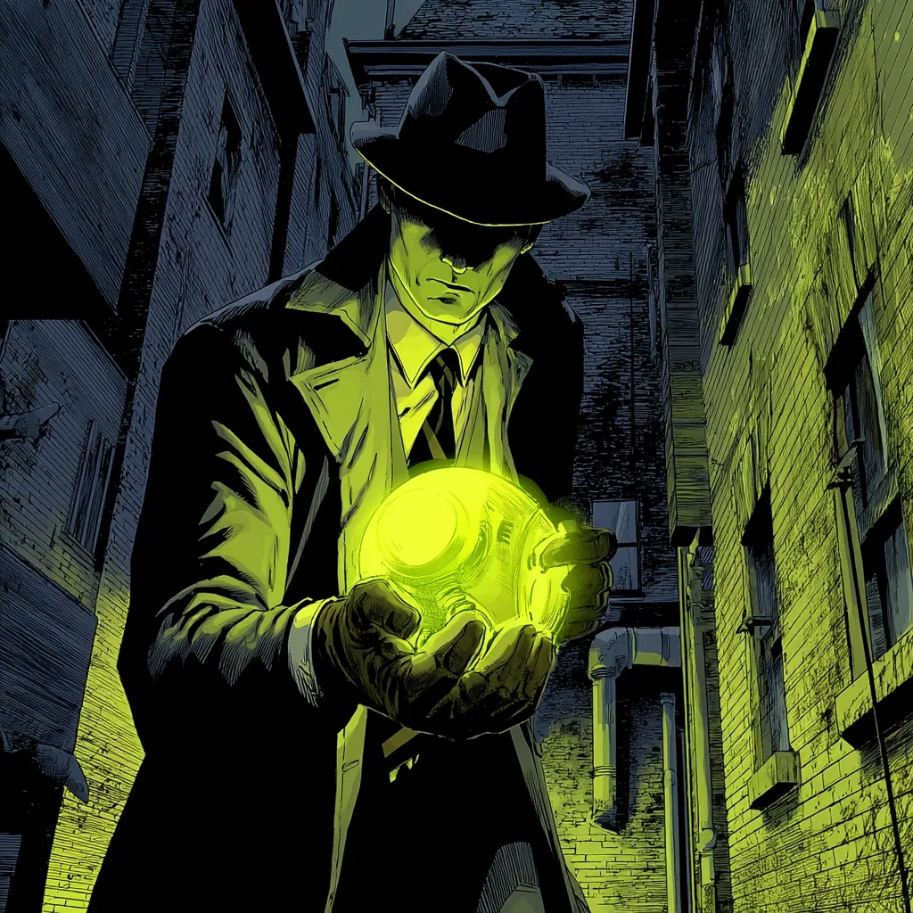 A man in a fedora and trench coat stands in a dimly lit alleyway, holding a glowing, orb-like object in his gloved hands. The scene is rendered in a comic book style, with stark contrasts between light and shadow. The man's face is partially obscured by the hat's brim, adding to the mysterious atmosphere. The overall color palette is predominantly dark greens and yellows, highlighting the glowing orb and the gritty urban setting.