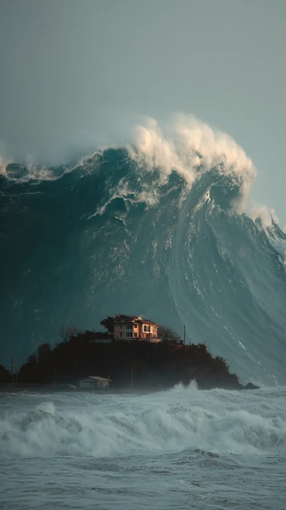 A massive, dark wave looms over a small house perched atop a cliff overlooking a turbulent sea. The wave's immense size dwarfs the house and the surrounding landscape, creating a dramatic contrast between the power of nature and the vulnerability of human structures.  The scene is ominous, suggesting an impending threat of destruction.  The churning water in the foreground emphasizes the wave's power and the storm's intensity.