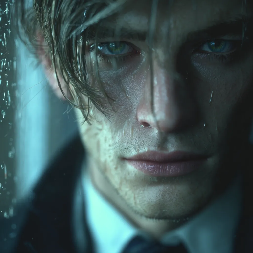 Close-up of a young man's face, drenched in rain or sweat. His expression is serious, almost sullen. Dark, wet hair falls across his forehead, obscuring part of his intense gaze.  He's wearing a dark suit and a collared shirt, suggesting a formal or professional setting. The overall mood is somber and mysterious.  The image has a stylized, almost cinematic quality.