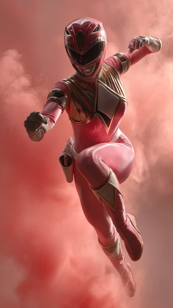A pink Power Ranger, dynamic and powerful, leaps through a hazy, rose-colored smoke.  Her helmet is gleaming, reflecting light, and her pose is one of intense action. The gold accents on her suit contrast beautifully against the pink, making her a striking figure in the dramatic setting.  The overall image is vibrant and action-packed.