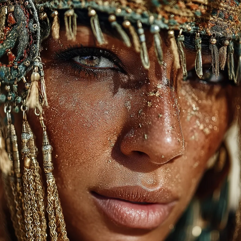 Close-up of a woman's face, adorned with a richly textured headpiece featuring gold embellishments and tassels.  Her skin is bronzed and dusted with gold glitter, emphasizing her intense gaze. The image evokes a sense of mystery and ancient cultures, with a focus on intricate details and dramatic lighting.  Her expression is serious and captivating.