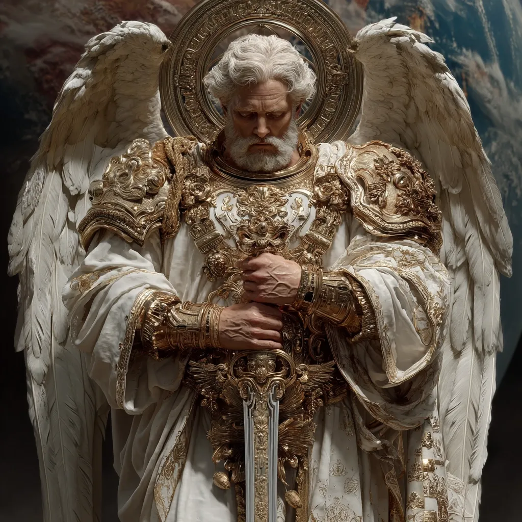 A majestic angel, adorned in ornate gold armor and flowing white robes, stands with a sword held before him.  His long white hair and beard frame a serious expression.  Large, feathered wings extend behind him, and a halo encircles his head.  A blurred Earth is visible in the background. The image is highly detailed, suggesting a digital creation.  The overall impression is one of power, solemnity, and divine authority.
