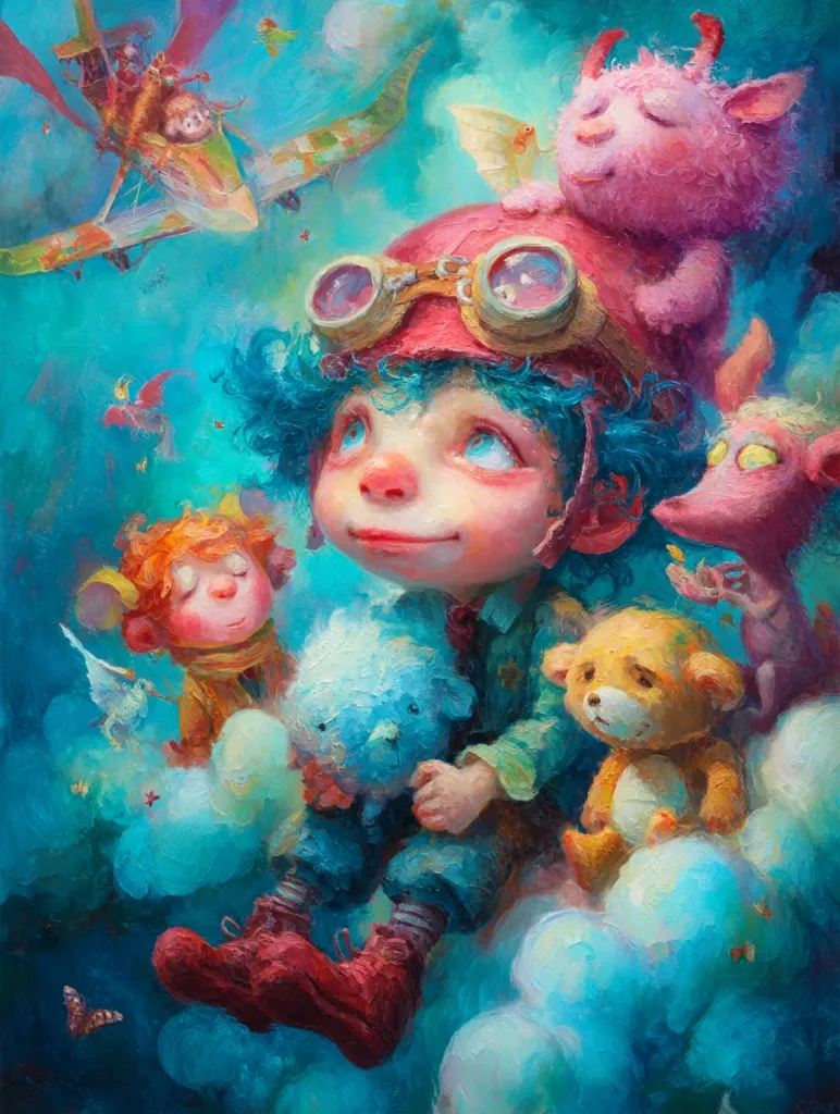 A whimsical painting depicts a young pilot, adorned with goggles and a red cap, seated amidst fluffy clouds.  Surrounding the child are various fantastical creatures: a pink monster, a small orange creature, a fluffy white lamb, and a teddy bear. A vintage biplane soars overhead, adding to the dreamlike atmosphere.  The vibrant colors and playful composition create a sense of wonder and adventure.