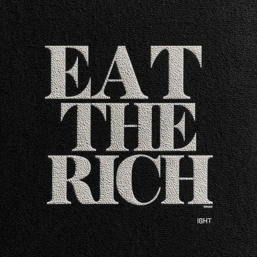 The image features the phrase "EAT THE RICH" in large, bold, white, uppercase letters against a black, textured background.  The text appears to be embossed or printed on a leather-like material.  A small, barely visible designer label is present at the bottom.  The overall aesthetic is stark and provocative.