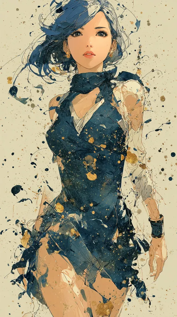 A stylized anime-style portrait of a young woman with short, dark blue hair.  She's depicted wearing a dark teal, abstractly painted dress accented with gold splatter. Her expression is serene, and her pose is slightly off-kilter, adding to the artistic and dynamic feel of the piece. The background is a muted beige with additional paint splatters, complementing the overall artistic style.