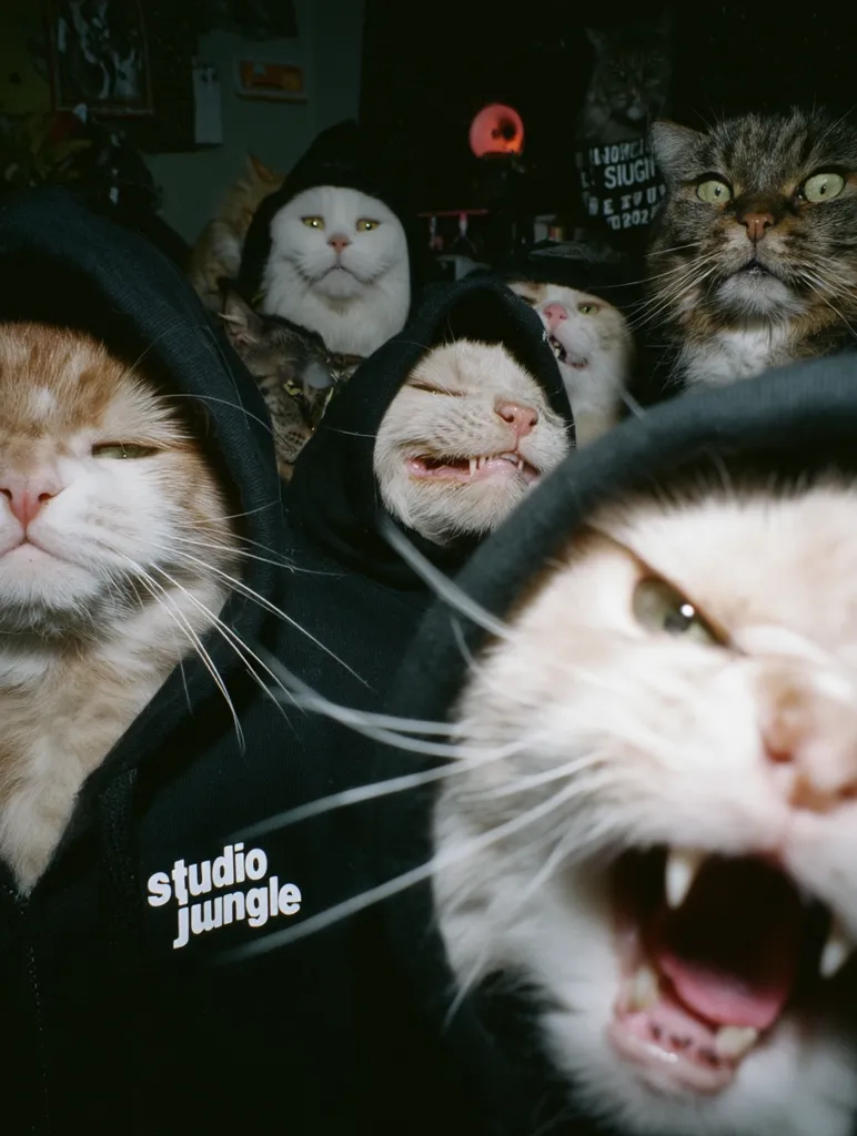 A group of cats, wearing black hoodies with "Studio Jungle" printed on them, huddle together.  The cats' expressions range from serene to slightly aggressive, their faces partially obscured by the hoods. The image is dark, with the cats illuminated in the center.  A tabby cat and a white cat are visible without hoodies. The overall mood is playful and slightly menacing.