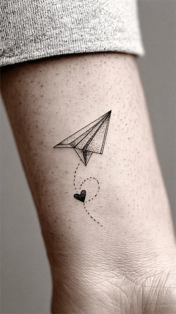 A minimalist tattoo adorns a person's inner ankle.  The design features a small, stippled paper airplane, trailing a dotted line to a tiny heart. The style is delicate and fine-lined, with the ink appearing dark and precise against the light skin. The tattoo is subtly placed, suggesting a personal and meaningful design choice.