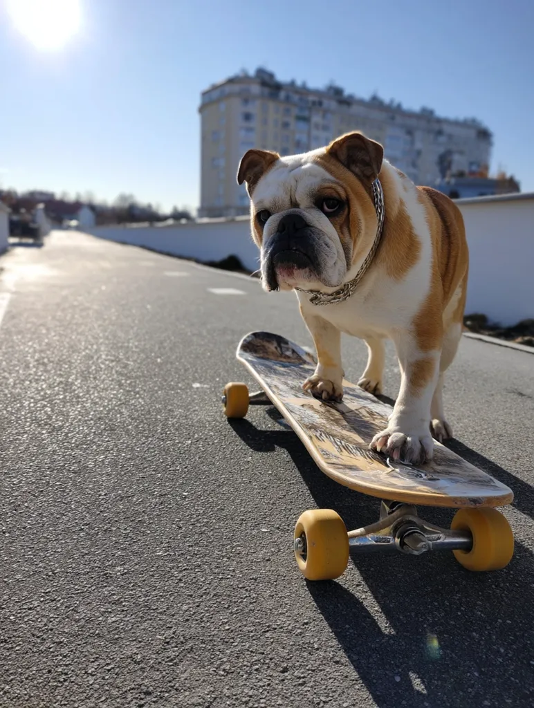 A bulldog stands on a longboard skateboard on a sunny day.  The dog is light brown and white, wearing a silver collar.  The skateboard is long and has yellow wheels.  A tall apartment building is visible in the background.  The scene is bright and cheerful, suggesting a day of outdoor fun.