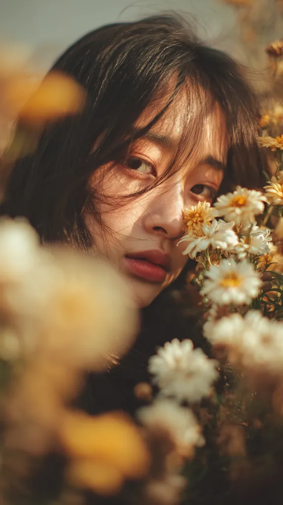 A young woman with dark hair partially obscures her face, her expression serene.  Soft, golden sunlight illuminates her features and the delicate white flowers surrounding her. The image is softly focused, creating a dreamy, ethereal atmosphere.  The flowers, possibly daisies, are in sharp contrast to the blurred background, emphasizing the woman's gentle beauty.