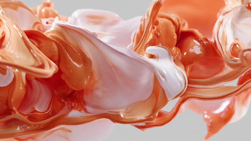 A swirling vortex of peach and off-white paint creates a dynamic abstract image.  The colors blend and separate, forming flowing, almost sculptural shapes. The glossy texture of the paint is emphasized by the interplay of light and shadow, highlighting the fluidity and movement captured in the photograph.  The contrast between the two colors is striking, yet harmonious.