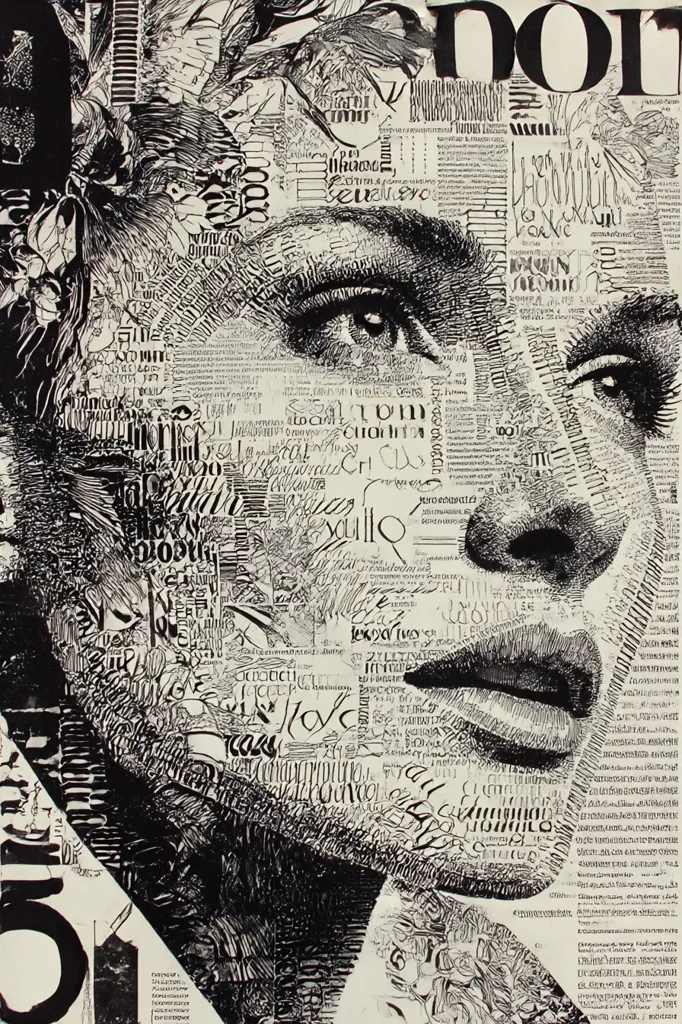 A black and white artwork depicting a woman's face. The face is created entirely from densely packed text, forming a detailed portrait.  Various fonts and sizes are used, creating texture and depth. The style is reminiscent of calligraphic or typographic art, transforming words into a visual image. The overall effect is intricate and striking.