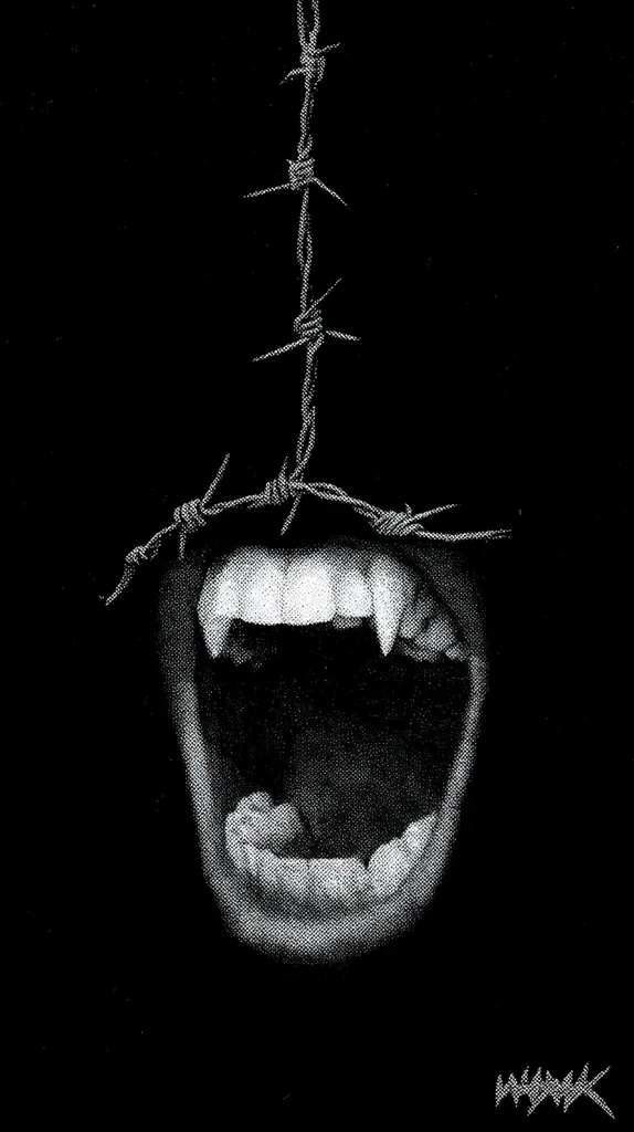 A monochrome illustration depicts a gaping mouth, fangs bared in a menacing snarl.  A strand of barbed wire is draped across the top, framing the open maw against a stark black background. The style is gritty and graphic, creating a visceral and unsettling image.  The overall effect is one of danger and aggression.