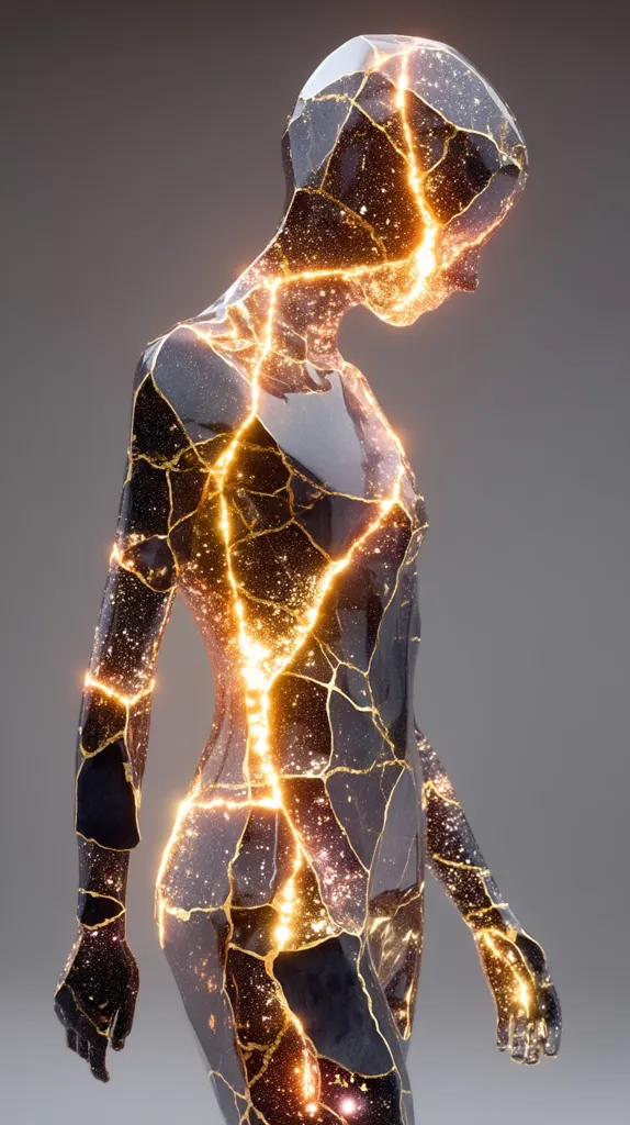 A 3D rendering depicts a female figure seemingly constructed from dark, cracked material.  Glowing golden lines trace the cracks, resembling energy or light emanating from within. The figure is subtly bowed, giving an impression of vulnerability or contemplation. The texture suggests fragility, yet the internal light gives a sense of resilience or inner strength. The overall effect is both beautiful and unsettling.