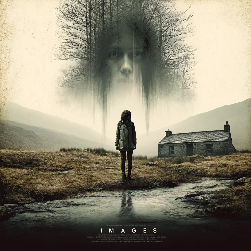 A woman stands alone before a secluded cottage, a spectral face looming from the trees behind her.  The misty, desolate landscape creates an eerie atmosphere. The title "IMAGES" is displayed at the bottom, hinting at a psychological horror film. The overall tone is dark, mysterious, and unsettling, suggesting a story of haunting and unease.