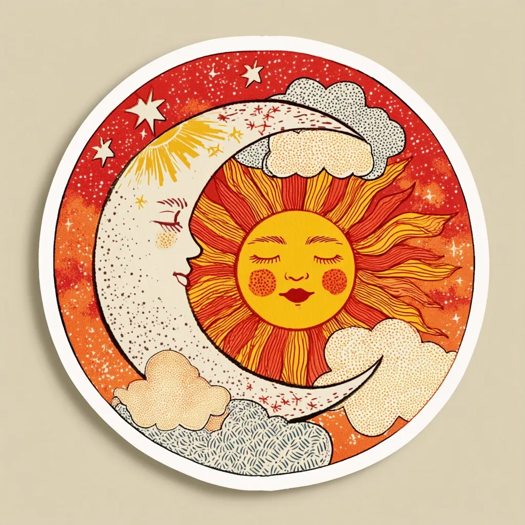 A circular sticker showcases a whimsical illustration of a crescent moon and sun, both with anthropomorphic faces, nestled amidst stylized clouds and stars. The color palette is warm, featuring orange, red, and yellow tones, evoking a retro or vintage aesthetic.  The detailed linework and textured elements contribute to a handcrafted feel. The design is reminiscent of celestial or psychedelic art styles.