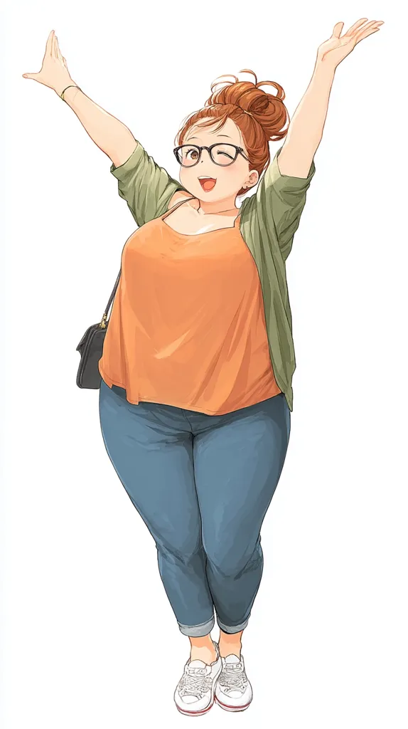 An illustration of a joyful plus-size woman with glasses and reddish-brown hair in a bun.  She's wearing a peach-colored camisole, a light green cardigan, blue jeans, and white sneakers. Her arms are raised in a celebratory gesture, and she carries a small black handbag. The style is anime-influenced, with soft, slightly muted colors and a focus on her happy expression.