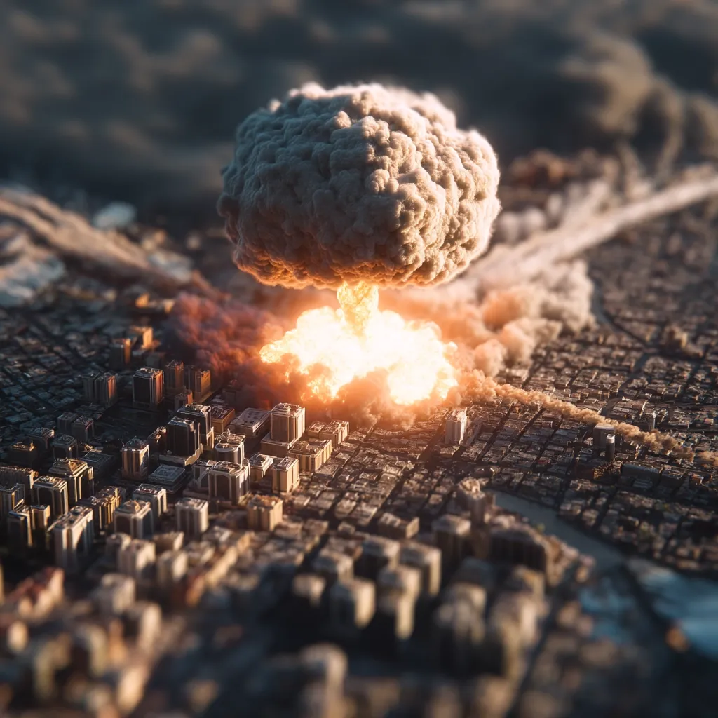 A large mushroom cloud billows over a city, the aftermath of a devastating nuclear explosion.  Buildings are engulfed in flames and smoke, depicting widespread destruction. The image conveys the catastrophic consequences of nuclear warfare, showcasing the immense power and destructive potential of such weapons.  The scene is rendered in realistic detail, highlighting the scale of the devastation.