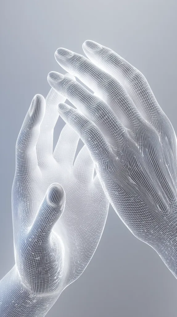 Two hands, rendered as wireframe meshes, are depicted in a gentle, almost touching pose against a muted gray backdrop. The white lines of the mesh create a translucent, ethereal effect, highlighting the delicate structure of the hands.  The image suggests connection, interaction, or perhaps the digital representation of human touch.