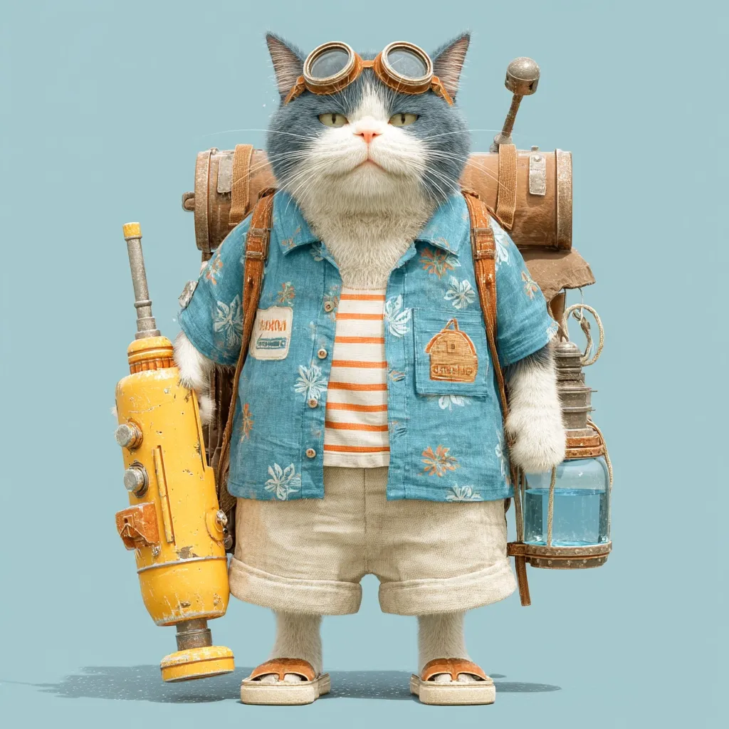 A digital illustration of an anthropomorphic cat, wearing aviator goggles, a Hawaiian shirt, and shorts.  The cat carries a large backpack, a yellow device resembling a vacuum cleaner, and an oil lamp. It stands against a pale blue background, conveying a sense of adventure and whimsical travel. The cat’s expression is serious and composed.