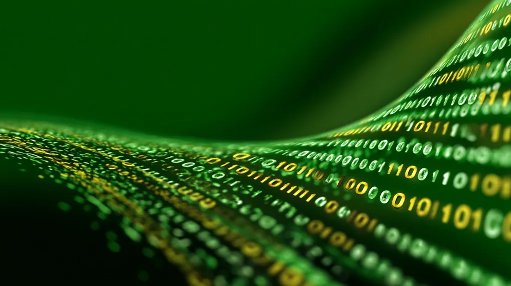 A close-up abstract image depicts a flowing stream of binary code in shades of green and gold.  The digits appear three-dimensional, curving and undulating across the frame. The dark green background creates a sense of depth and mystery, emphasizing the digital data's complexity. The overall effect is visually striking and suggestive of data streams, technology, and the digital world.