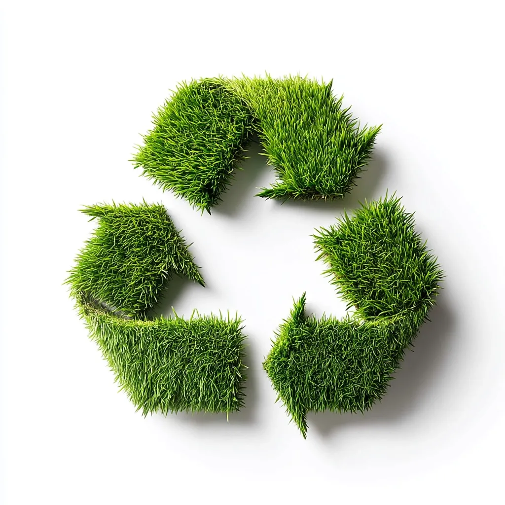 A vibrant green recycling symbol is crafted entirely from lush grass, vividly contrasting against a stark white background.  The image symbolizes environmental consciousness and sustainable practices, representing the cyclical process of reducing, reusing, and recycling.  The textured grass adds a natural, organic feel, emphasizing the importance of eco-friendly living.