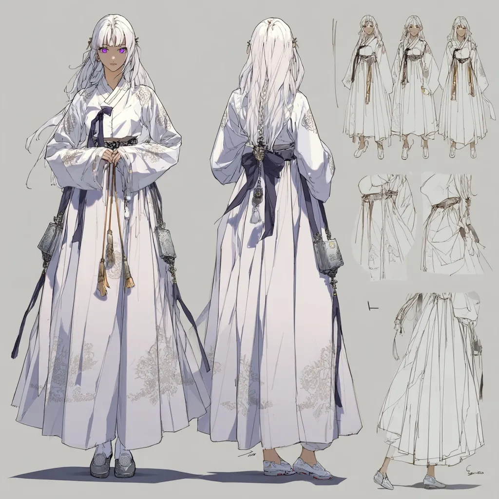 The image showcases detailed character design sketches.  A female figure with long white hair and purple eyes is depicted from the front and back, wearing a flowing, ornate white hanbok, a traditional Korean dress.  Additional sketches illustrate variations in the hanbok's design and the character's posture.  The style is elegant and evocative, suggesting a character for a game or animation.
