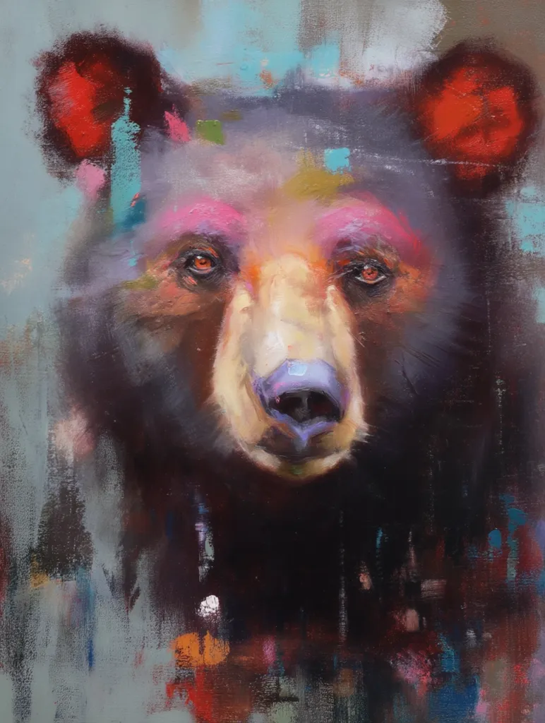An impressionistic oil painting depicts a bear's head and shoulders. The bear's fur is dark, with pops of vibrant color—pink on its cheeks and red accents on its ears—against a muted background of blues and grays.  The style is loose and expressive, with visible brushstrokes creating a sense of movement and energy. The bear's gaze is direct, engaging the viewer with an intense yet somewhat melancholic expression.