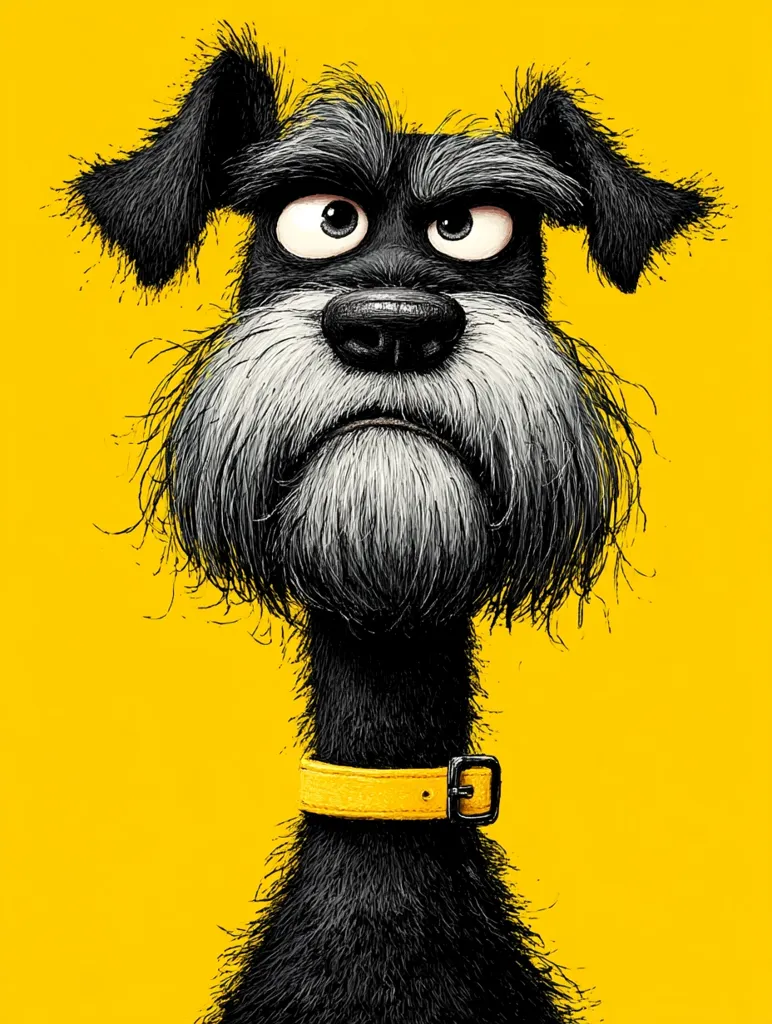 A stylized illustration of a scruffy black dog, possibly a schnauzer, against a vibrant yellow background.  The dog's expression is one of mild annoyance or skepticism, its eyebrows slightly furrowed. It wears a bright yellow collar, adding a pop of color to the monochromatic canine. The detailed fur and expressive eyes create a comical yet endearing portrait.
