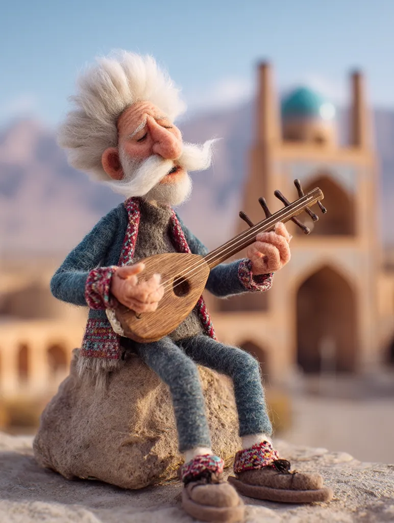 A whimsical felt puppet, an elderly man with a long white beard and mustache, sits on a rock playing a lute.  He's dressed in a blue tunic and patterned scarf.  The background features a blurred image of a majestic, tan building with a turquoise dome, suggesting a Middle Eastern or Persian setting.  The scene evokes a sense of peaceful storytelling.