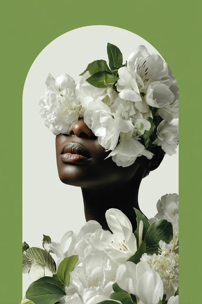 A close-up portrait of a dark-skinned woman whose eyes are obscured by a profusion of white blossoms. The flowers, lush and vibrant, cascade down her shoulders and neck, creating a striking contrast against her dark skin. The image is framed by a soft green arch, enhancing the overall aesthetic of natural beauty and elegance.  The soft lighting and muted tones contribute to a serene and sophisticated mood.