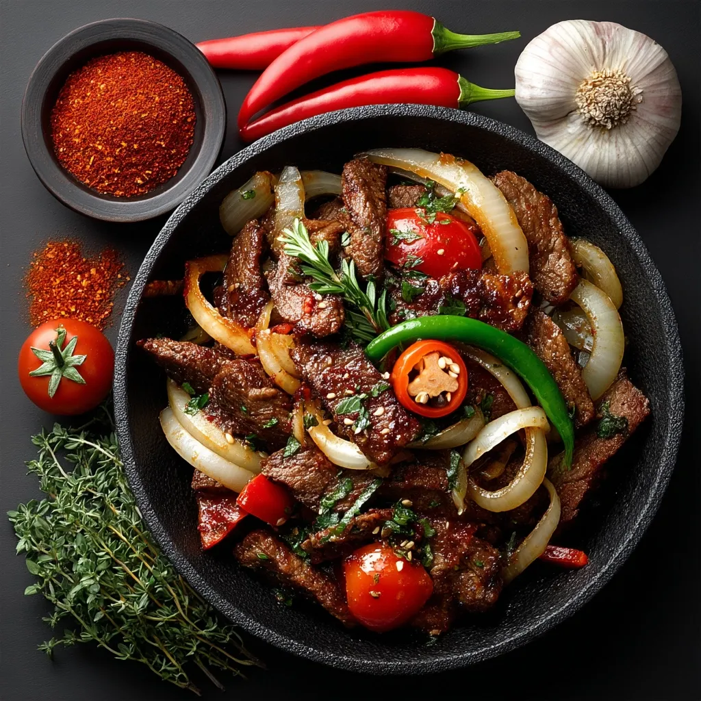 A sizzling cast iron skillet overflows with a vibrant beef stir-fry.  Tender slices of beef are tossed with caramelized onions, cherry tomatoes, and vibrant green and red chilies.  Garnished with fresh herbs and a sprinkle of sesame seeds, the dish is surrounded by bowls of chili powder, fresh thyme, garlic, and red chili peppers, hinting at the rich flavors within.