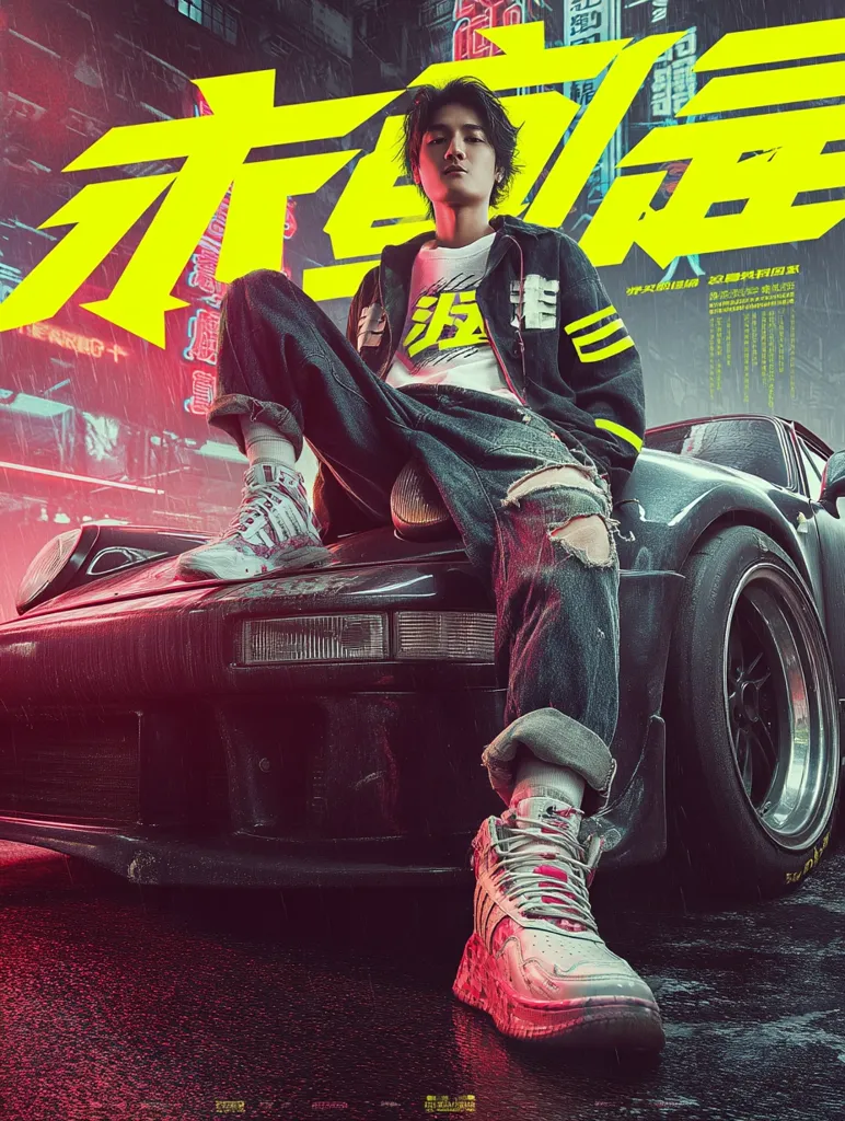 A young man, stylishly dressed in distressed jeans and a jacket, sits atop a sleek, dark sports car.  The backdrop is a vibrant, rain-soaked city street at night, awash with neon lights.  Large Chinese characters dominate the poster, suggesting a film title or promotional art. The overall aesthetic is gritty, urban, and stylish, hinting at a youthful, possibly rebellious, narrative.