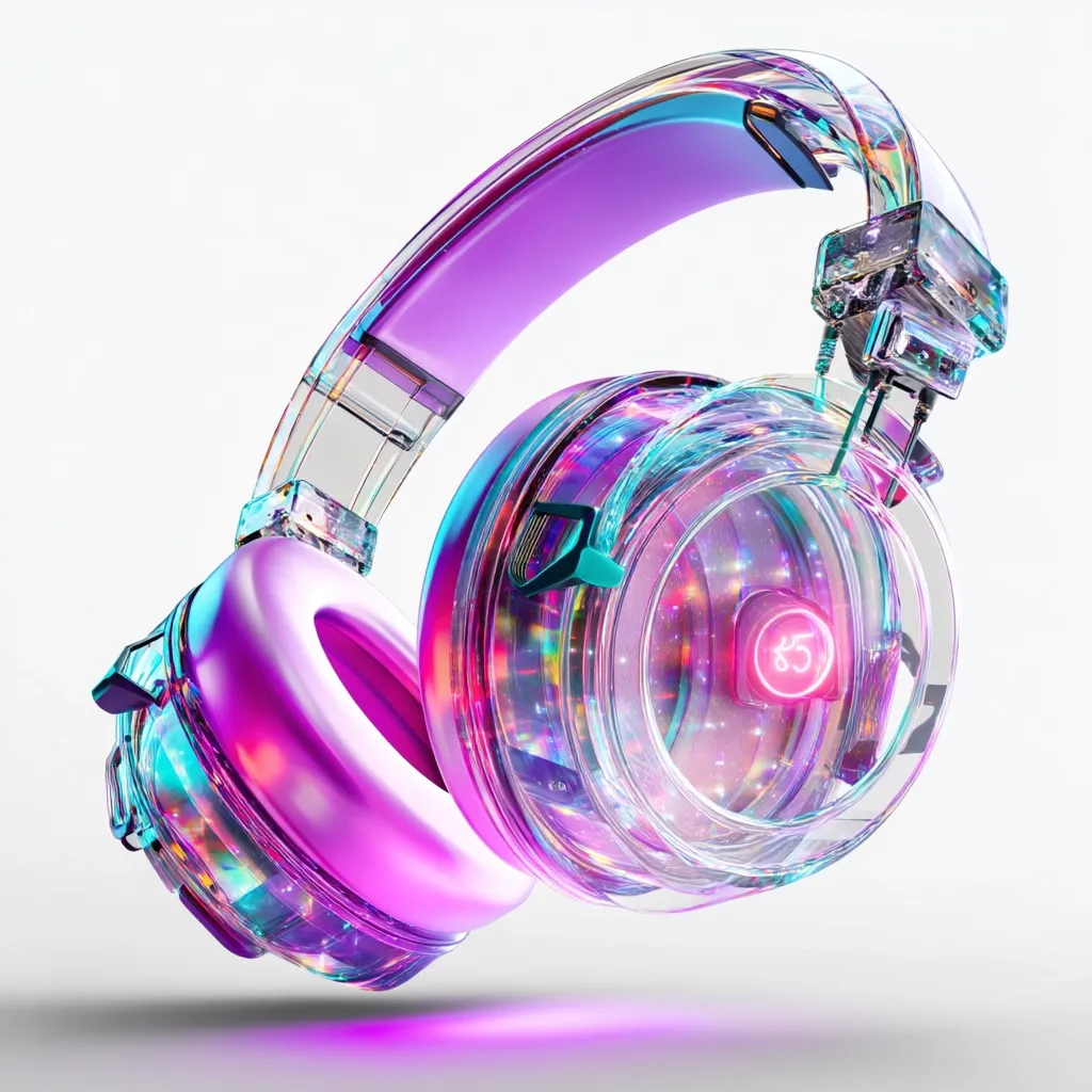 A pair of vibrant, translucent headphones in shades of pink and purple are showcased against a white background.  The headphones have a futuristic, almost crystalline design with embedded sparkling lights.  A glowing symbol is visible within the earcup, suggesting a connection to audio or music.  The overall aesthetic is modern and stylish, emphasizing a blend of technology and artistry.