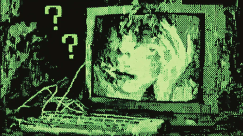A grainy, green-toned image depicts a distressed person on a computer screen.  The person appears blurry and their face is partially obscured by a hand. Two question marks hover above the screen, adding to the mysterious and unsettling atmosphere. The overall aesthetic is reminiscent of early computer graphics or a glitch effect, with a dark and somewhat chaotic background.