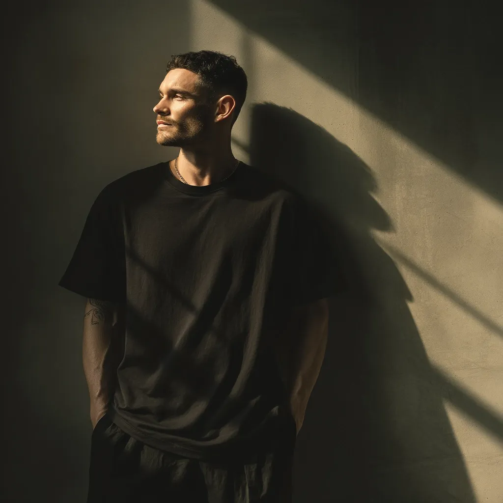 A young man with short dark hair stands against a textured wall, bathed in sunlight streaming through a window. He's wearing a loose-fitting black t-shirt and dark pants, his hands casually in his pockets.  His gaze is directed thoughtfully to his left, his expression contemplative. The shadows cast on the wall create a dramatic and moody atmosphere.