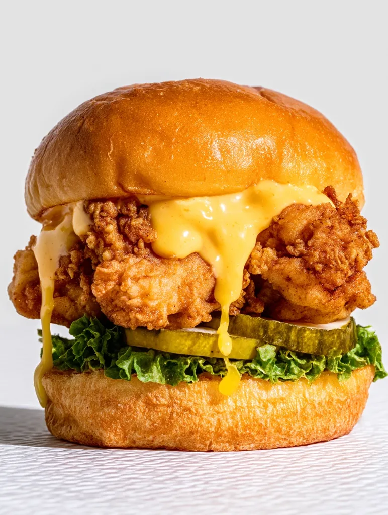 A mouthwatering crispy fried chicken sandwich is depicted.  The golden-brown bun cradles juicy, breaded chicken, generously drizzled with a rich, cheesy sauce.  Crisp lettuce and dill pickle slices add freshness, completing this visually appealing and undoubtedly delicious burger. The image highlights the textures and colors of the food, making it highly appetizing.
